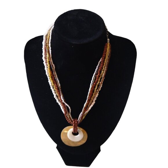 Icing Multi Strand Bohemian Brown Beige White Beaded Pendant Necklace J32 - Picture 1 of 6